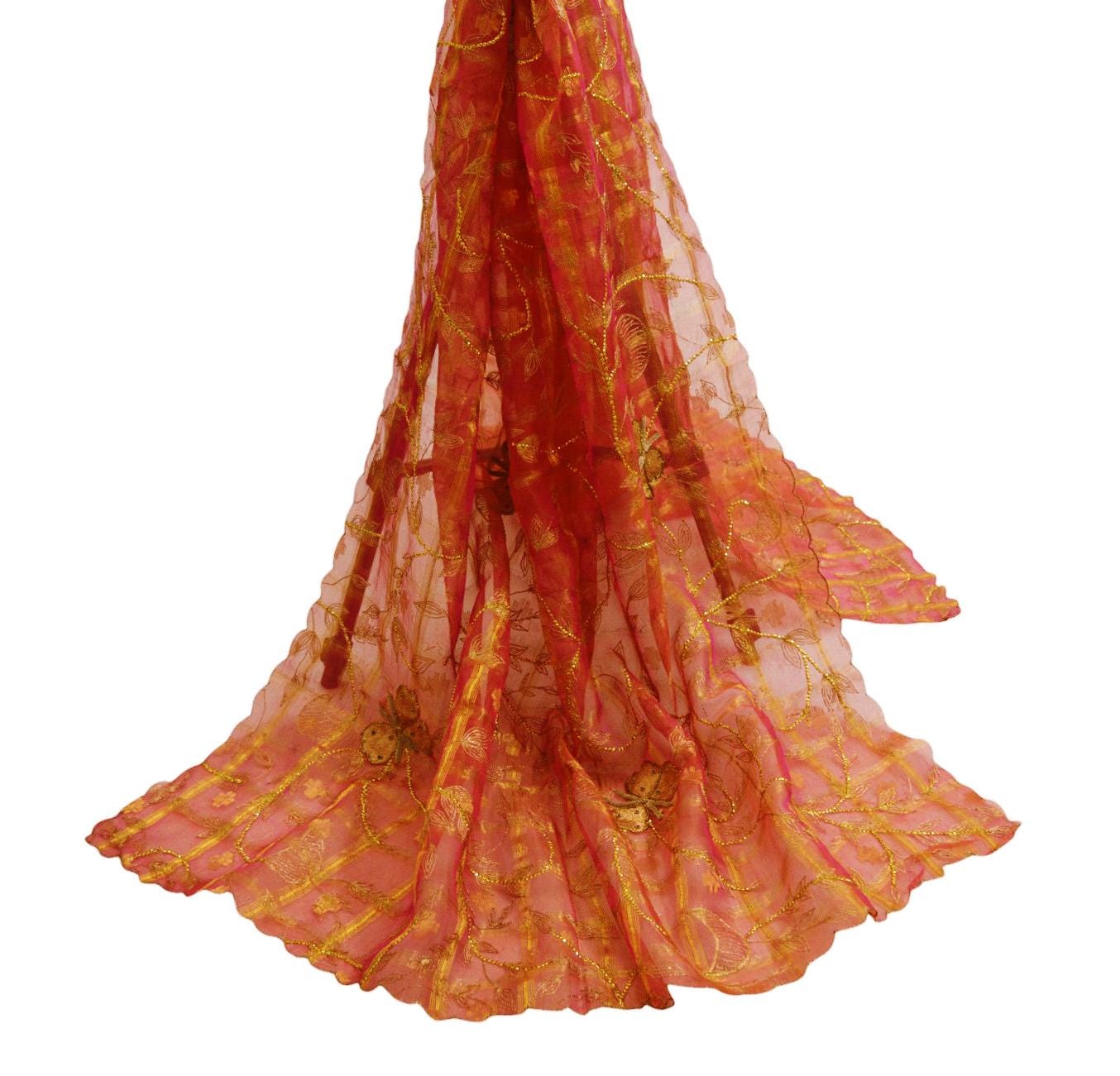 Indian Orange & Pink Organza Vintage Dupatta Long Stole Hand Embroidered Indian Scarves Veil Zari Sequins