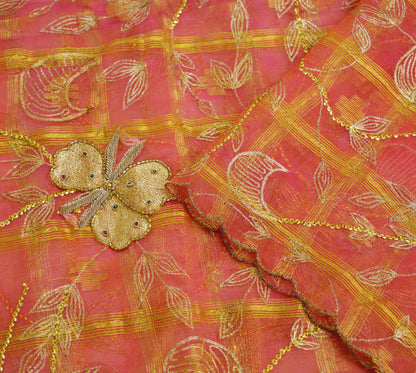 Indian Orange & Pink Organza Vintage Dupatta Long Stole Hand Embroidered Indian Scarves Veil Zari Sequins