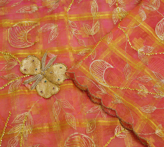 Indian Orange & Pink Organza Vintage Dupatta Long Stole Hand Embroidered Indian Scarves Veil Zari Sequins