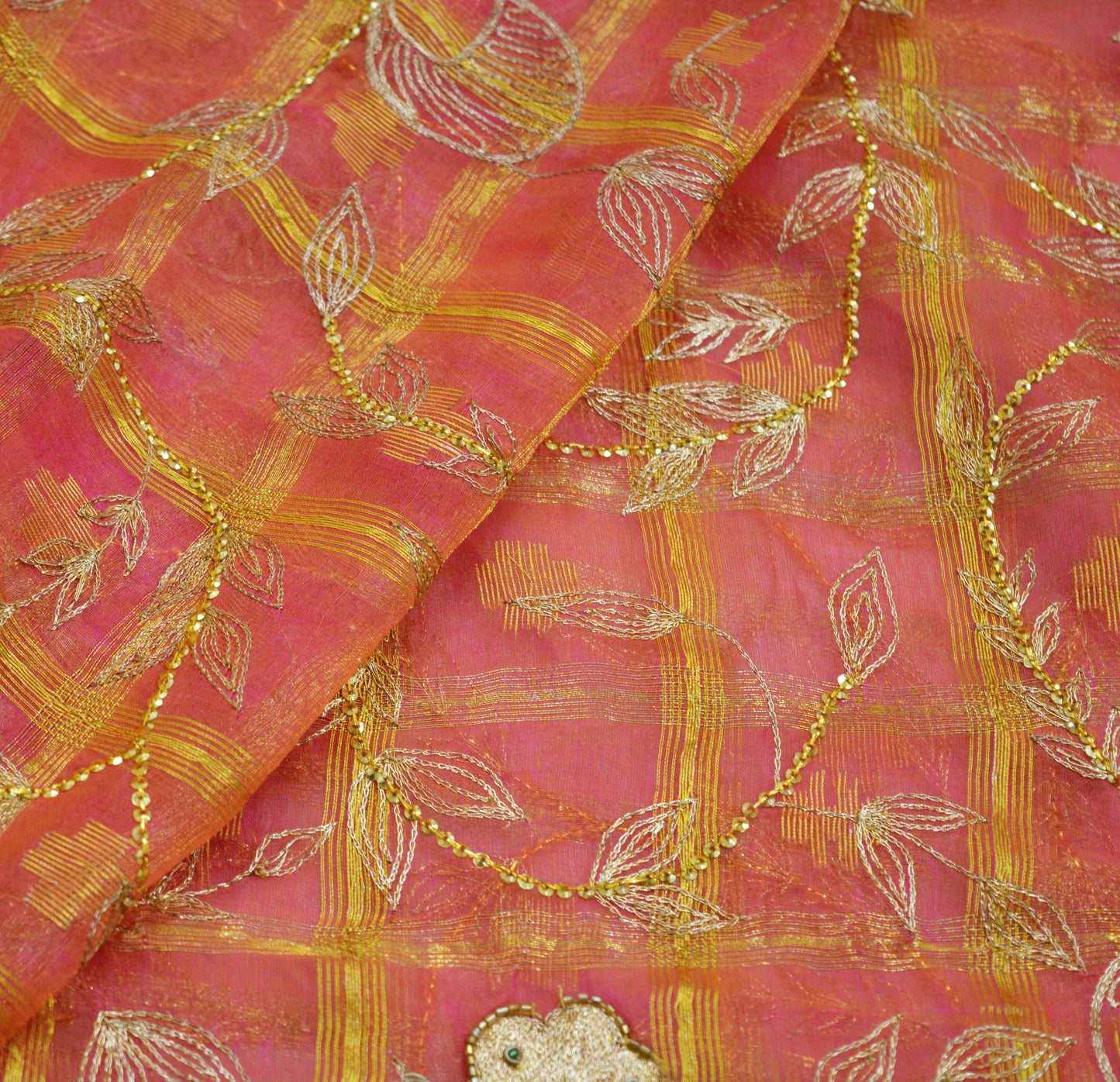 Indian Orange & Pink Organza Vintage Dupatta Long Stole Hand Embroidered Indian Scarves Veil Zari Sequins