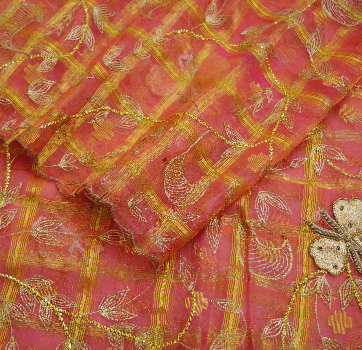 Indian Orange & Pink Organza Vintage Dupatta Long Stole Hand Embroidered Indian Scarves Veil Zari Sequins