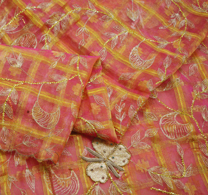 Indian Orange & Pink Organza Vintage Dupatta Long Stole Hand Embroidered Indian Scarves Veil Zari Sequins