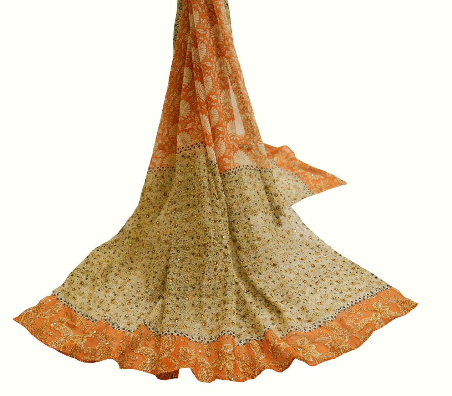 Indian Orange Vintage Dupatta Long Stole Hand Embroidered kantha stole Pure Georgette Silk Indian Scarves Veil Wrap Soft