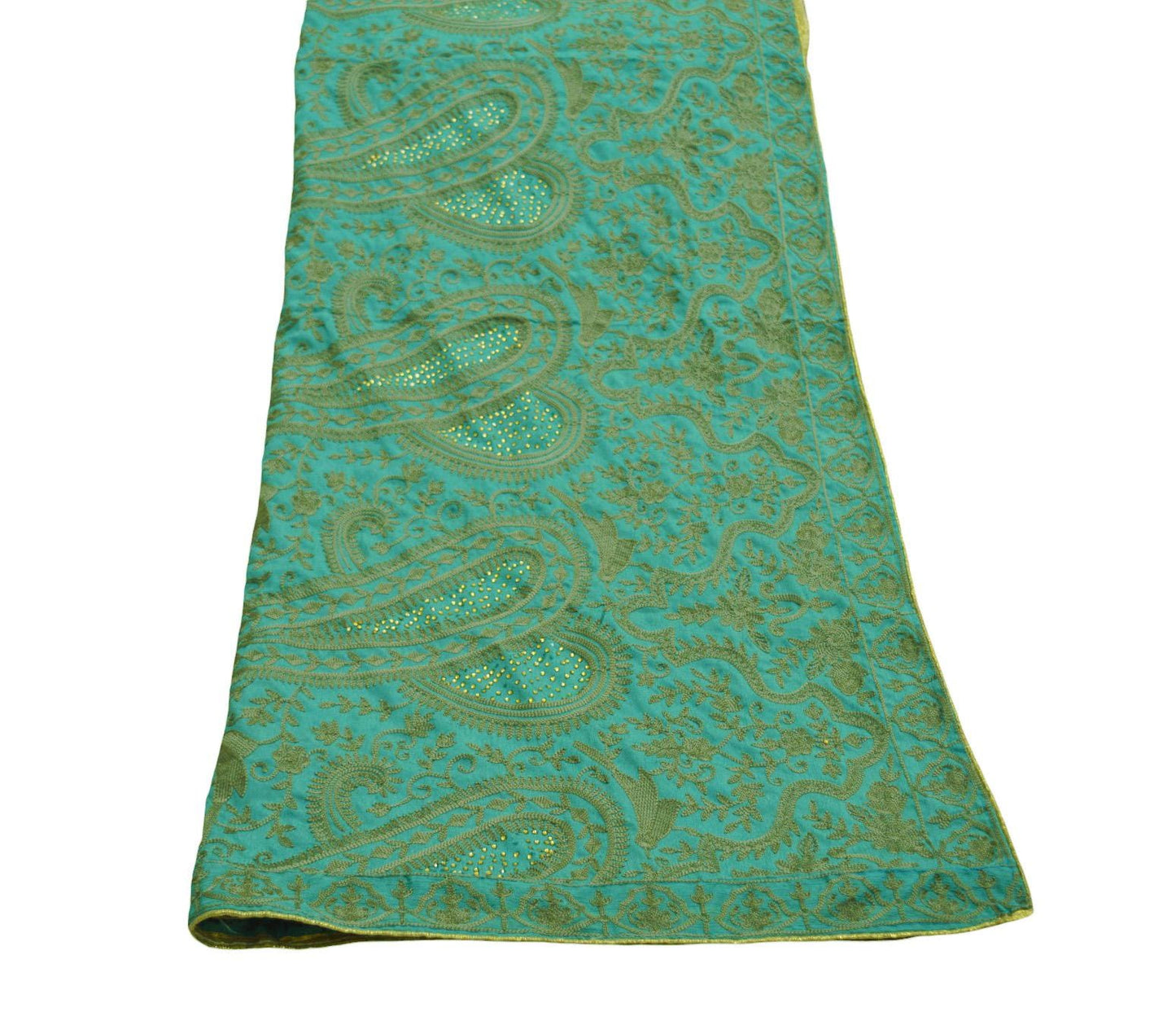 Indian Vintage Green Dupatta Art Silk Long Stole Embroidered Scarves Floral Design Stole Veil Wrap