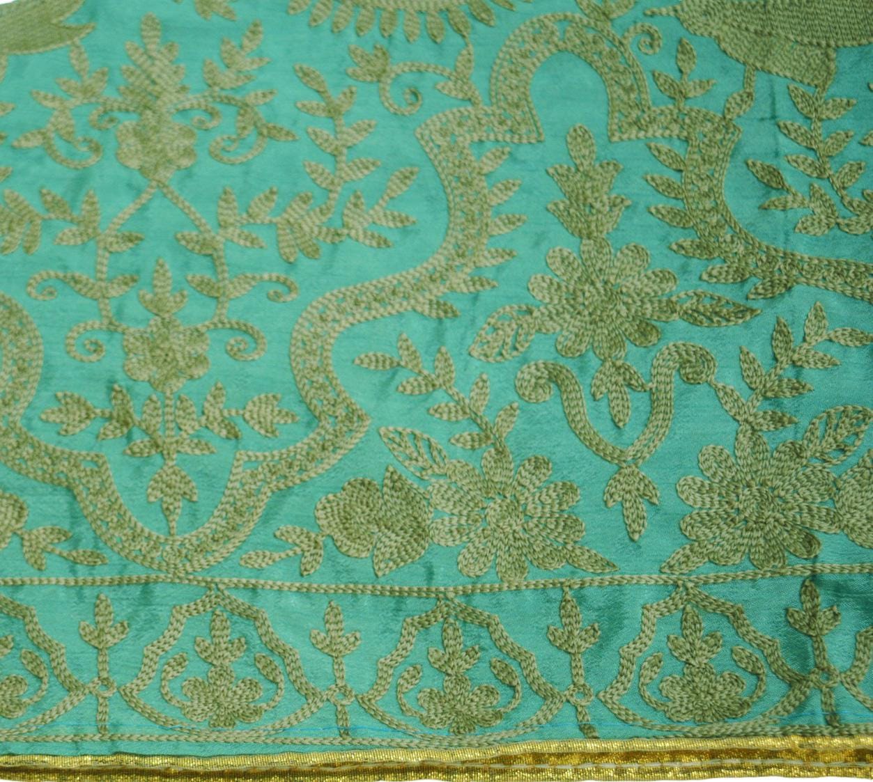 Indian Vintage Green Dupatta Art Silk Long Stole Embroidered Scarves Floral Design Stole Veil Wrap