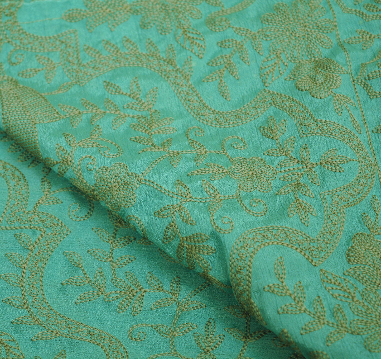 Indian Vintage Green Dupatta Art Silk Long Stole Embroidered Scarves Floral Design Stole Veil Wrap