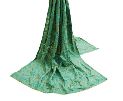 Indian Vintage Green Dupatta Art Silk Long Stole Embroidered Scarves Floral Design Stole Veil Wrap