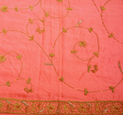 Indian Vintage Heavy Wedding Peach Dupatta Pure Satin Silk Long Stole Hand Embroidered Scarves Golden Zardozi Stole