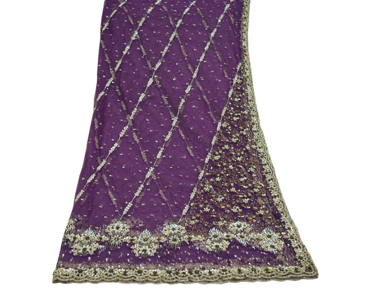 Indian Vintage Heavy Purple Dupatta Net Mesh Long Stole Hand Embroidered Scarf Purple Zardozi Zari Sequins Stole