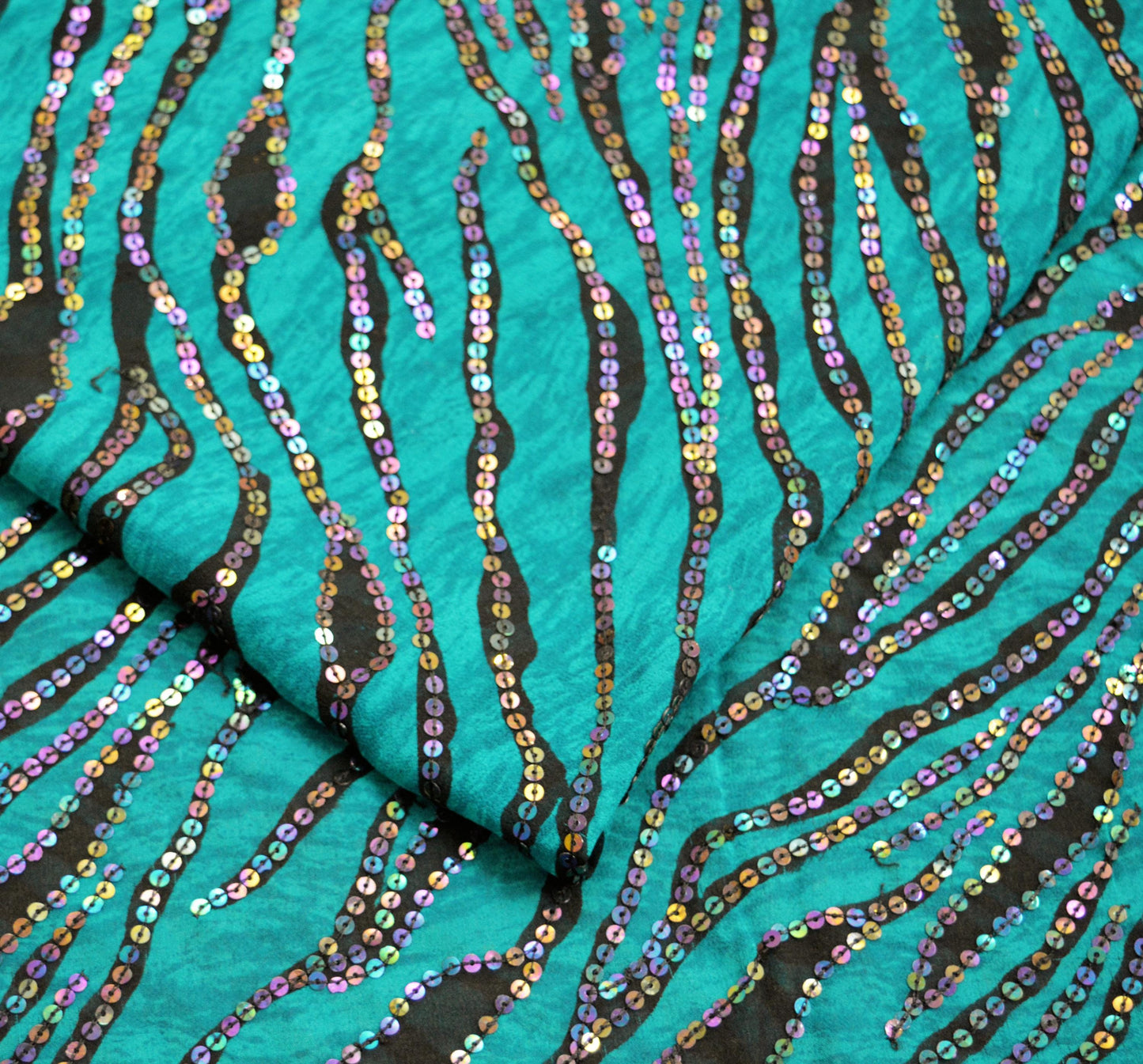 Indian Vintage Sari Green & Black Hand Embroidered Pure Georgette Silk Sari Saree Fabric 5Yd Sequins