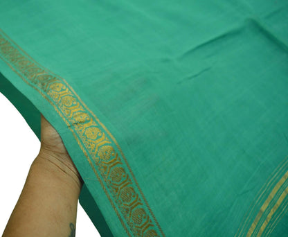 Vintage Sari Green Pure Cotton Hand Woven Saree 5Yard Soft Floral Golden Zari