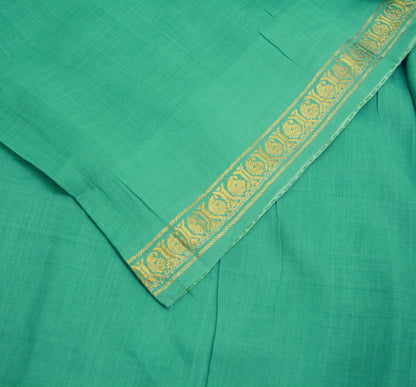 Vintage Sari Green Pure Cotton Hand Woven Saree 5Yard Soft Floral Golden Zari