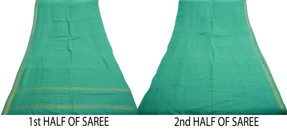 Vintage Sari Green Pure Cotton Hand Woven Saree 5Yard Soft Floral Golden Zari
