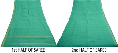 Vintage Sari Green Pure Cotton Hand Woven Saree 5Yard Soft Floral Golden Zari
