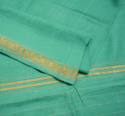 Vintage Sari Green Pure Cotton Hand Woven Saree 5Yard Soft Floral Golden Zari