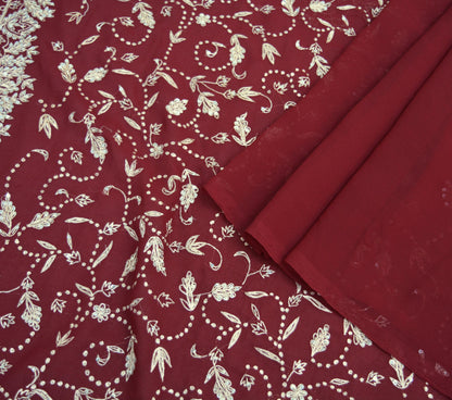 Indian Vintage Dark Red Saree Pure Georgette Silk Hand Beaded Indian Sari Fabric 5Yard Sewing Soft Ethnic Zardozi