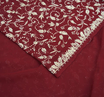 Indian Vintage Dark Red Saree Pure Georgette Silk Hand Beaded Indian Sari Fabric 5Yard Sewing Soft Ethnic Zardozi