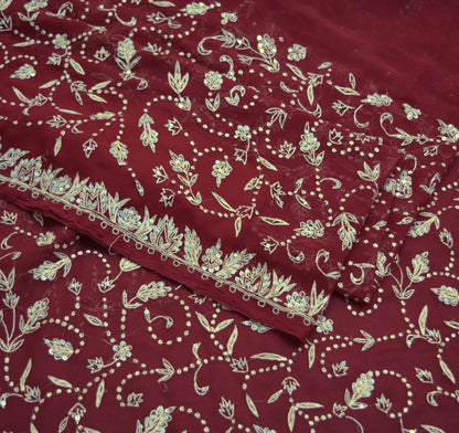 Indian Vintage Dark Red Saree Pure Georgette Silk Hand Beaded Indian Sari Fabric 5Yard Sewing Soft Ethnic Zardozi