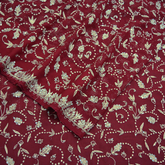 Indian Vintage Dark Red Saree Pure Georgette Silk Hand Beaded Indian Sari Fabric 5Yard Sewing Soft Ethnic Zardozi