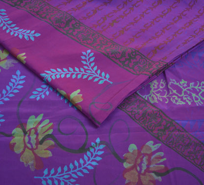 Indian Vintage Sari Purple Pure Crepe Silk Printed Saree 5yard Sewing Floral Soft Craft Fabric Wrap