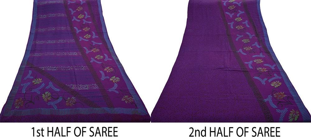 Indian Vintage Sari Purple Pure Crepe Silk Printed Saree 5yard Sewing Floral Soft Craft Fabric Wrap