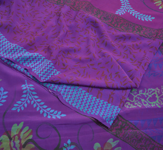 Indian Vintage Sari Purple Pure Crepe Silk Printed Saree 5yard Sewing Floral Soft Craft Fabric Wrap