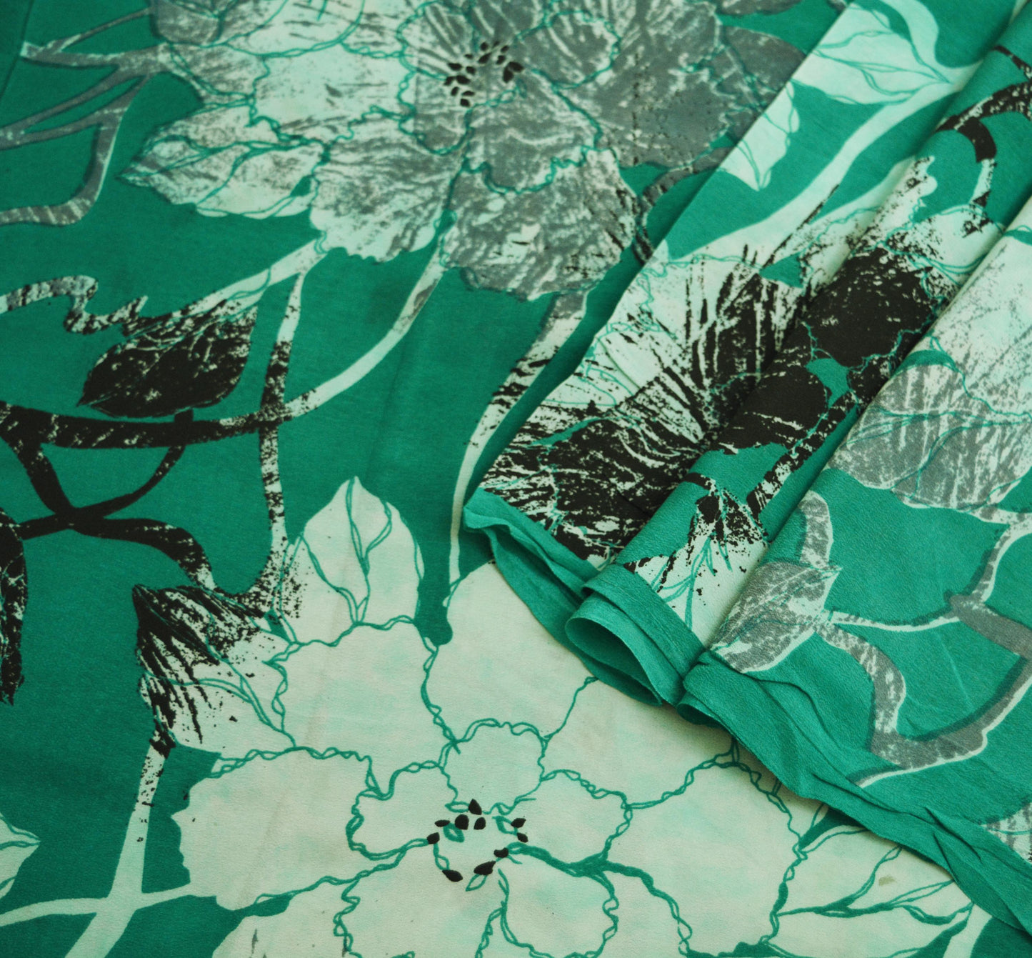 Indian Vintage Sari Green Pure Crepe Silk Printed Saree 5yard Sewing Floral Soft Craft Fabric Wrap