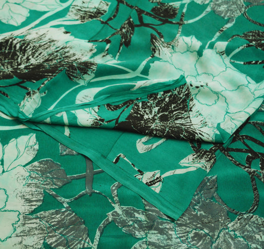 Indian Vintage Sari Green Pure Crepe Silk Printed Saree 5yard Sewing Floral Soft Craft Fabric Wrap