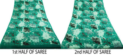 Indian Vintage Sari Green Pure Crepe Silk Printed Saree 5yard Sewing Floral Soft Craft Fabric Wrap
