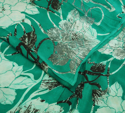 Indian Vintage Sari Green Pure Crepe Silk Printed Saree 5yard Sewing Floral Soft Craft Fabric Wrap