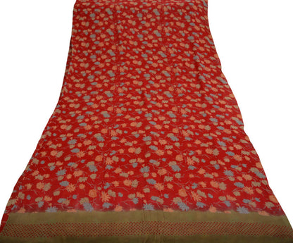Women Vintage Sari Red Pure Chiffon Silk Printed Saree Craft Fabric Sewing 6Yard Soft Light Sari Dress Making Floral