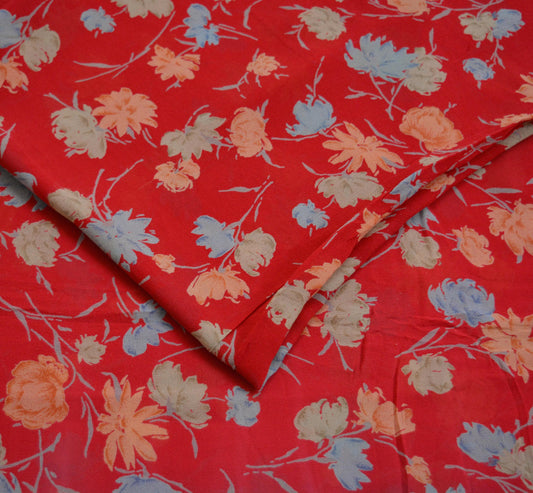 Women Vintage Sari Red Pure Chiffon Silk Printed Saree Craft Fabric Sewing 6Yard Soft Light Sari Dress Making Floral