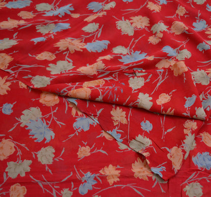Women Vintage Sari Red Pure Chiffon Silk Printed Saree Craft Fabric Sewing 6Yard Soft Light Sari Dress Making Floral