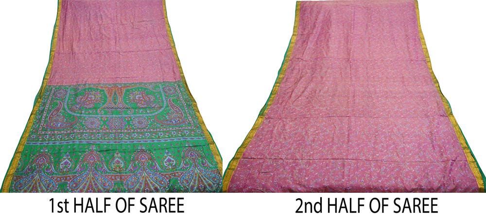 Indian Vintage Sari Purple & Green Pure Silk Printed Sarees 5yd Sewing Quilting Craft Fabric Dress Making Soft Zari Border Crafting Used