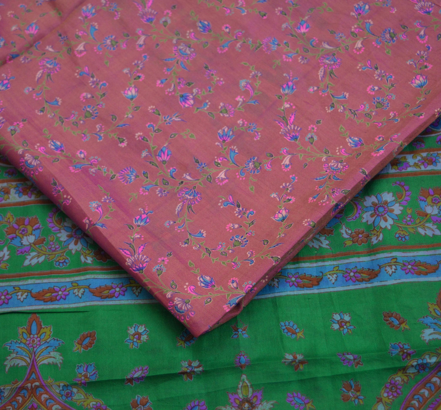 Indian Vintage Sari Purple & Green Pure Silk Printed Sarees 5yd Sewing Quilting Craft Fabric Dress Making Soft Zari Border Crafting Used