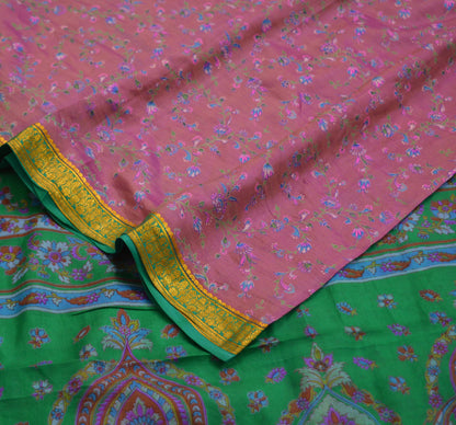 Indian Vintage Sari Purple & Green Pure Silk Printed Sarees 5yd Sewing Quilting Craft Fabric Dress Making Soft Zari Border Crafting Used