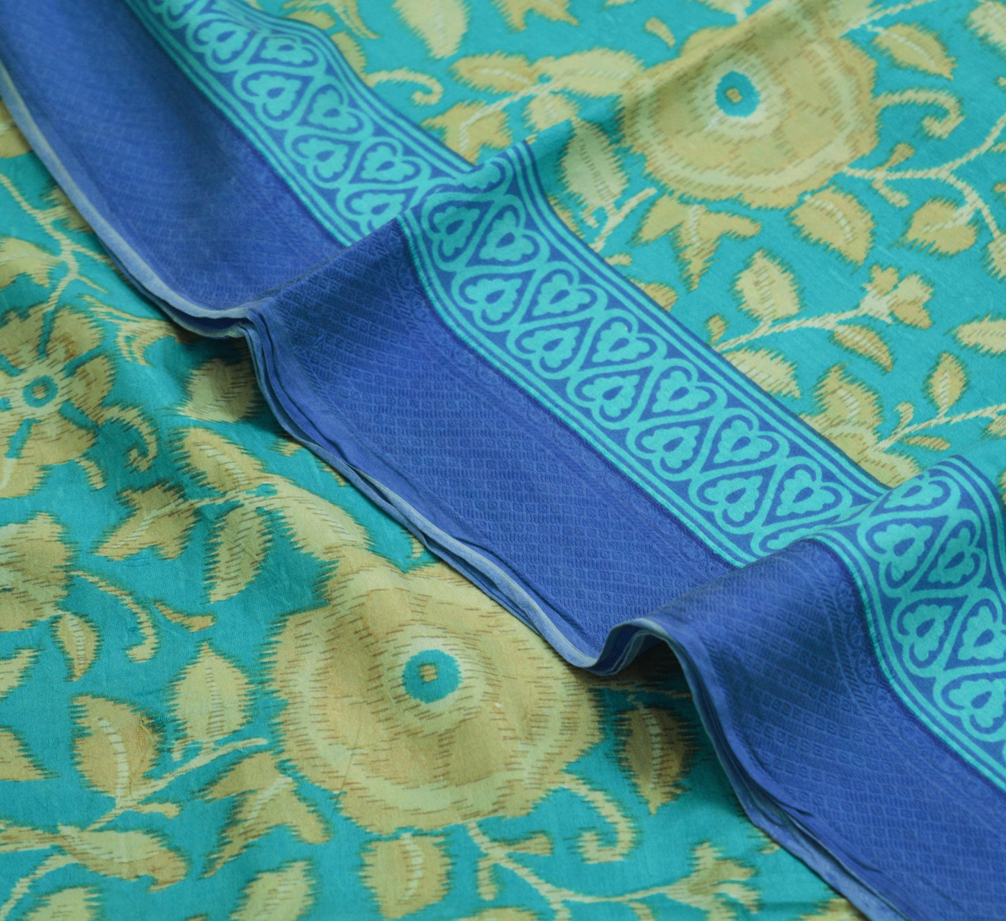 Indian Vintage Sari Beige & Blue Pure Silk Printed Saree Fabric 5yard Sewing Craft DressMaking  Soft Floral