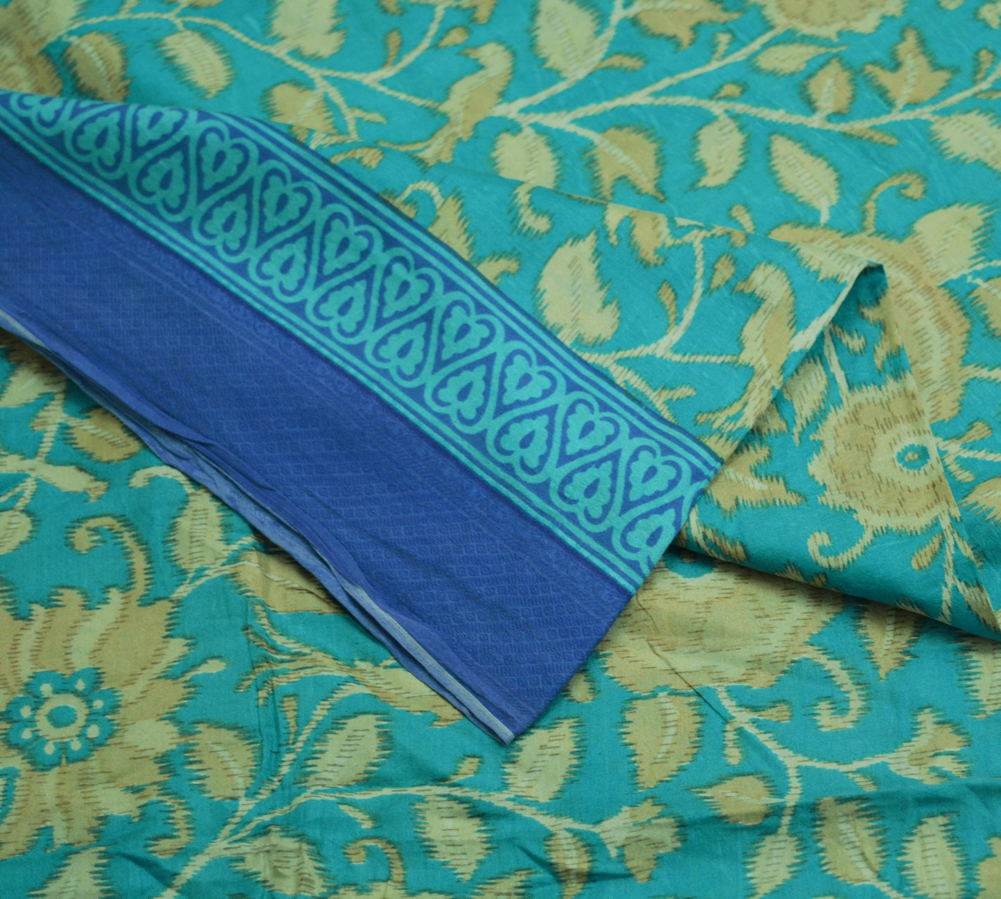 Indian Vintage Sari Beige & Blue Pure Silk Printed Saree Fabric 5yard Sewing Craft DressMaking  Soft Floral