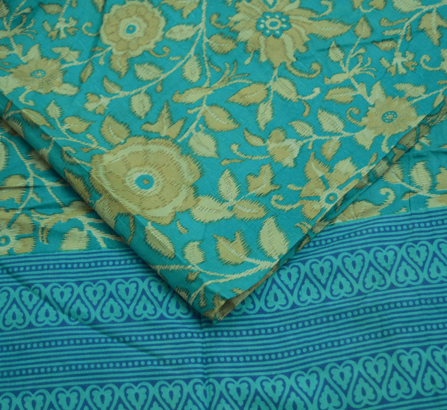 Indian Vintage Sari Beige & Blue Pure Silk Printed Saree Fabric 5yard Sewing Craft DressMaking  Soft Floral