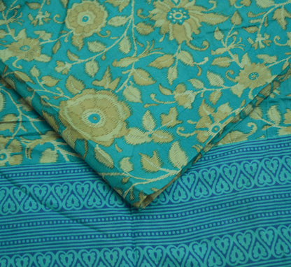 Indian Vintage Sari Beige & Blue Pure Silk Printed Saree Fabric 5yard Sewing Craft DressMaking  Soft Floral