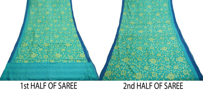 Indian Vintage Sari Beige & Blue Pure Silk Printed Saree Fabric 5yard Sewing Craft DressMaking  Soft Floral
