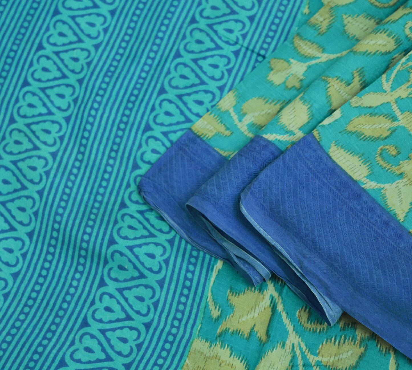 Indian Vintage Sari Beige & Blue Pure Silk Printed Saree Fabric 5yard Sewing Craft DressMaking  Soft Floral