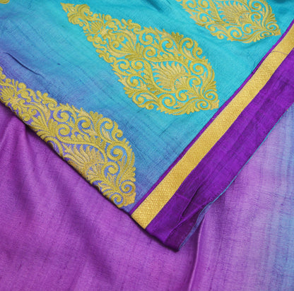 Indian Vintage Purple & Green Saree Pure Khadi Silk Handloom Hand Beaded Indian Sari Fabric 5yard Ethnic Zari