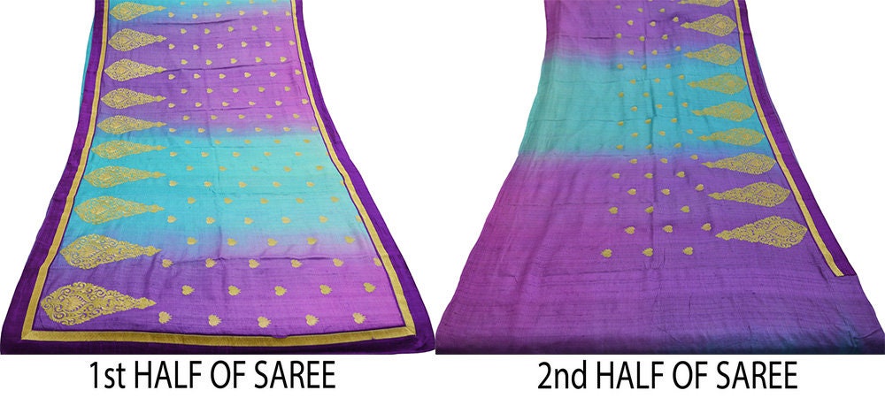 Indian Vintage Purple & Green Saree Pure Khadi Silk Handloom Hand Beaded Indian Sari Fabric 5yard Ethnic Zari