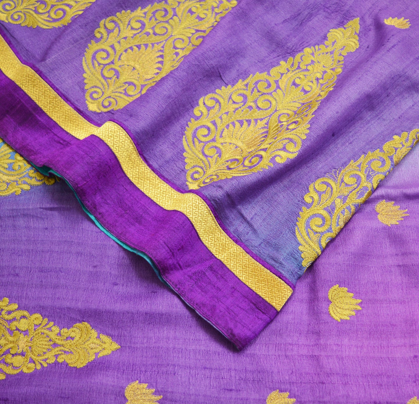 Indian Vintage Purple & Green Saree Pure Khadi Silk Handloom Hand Beaded Indian Sari Fabric 5yard Ethnic Zari