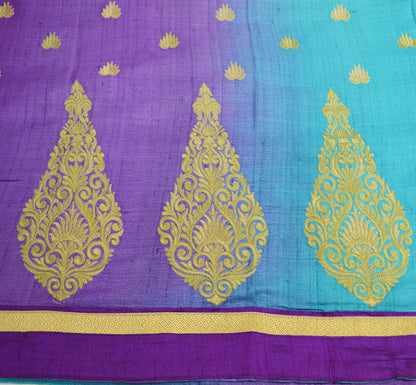 Indian Vintage Purple & Green Saree Pure Khadi Silk Handloom Hand Beaded Indian Sari Fabric 5yard Ethnic Zari