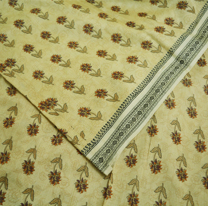 Indian Vintage Beige Saree Pure Khadi Silk Handloom Printed Indian Sari Fabric 6yard Ethnic Wear Floral