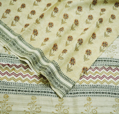 Indian Vintage Beige Saree Pure Khadi Silk Handloom Printed Indian Sari Fabric 6yard Ethnic Wear Floral