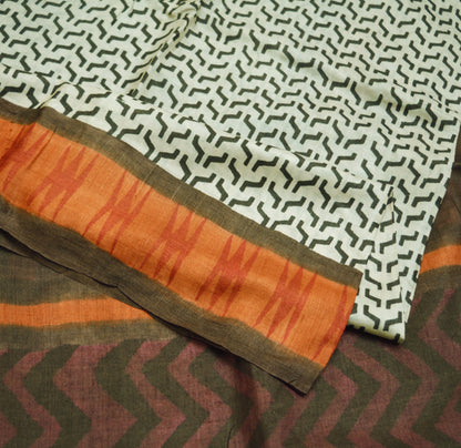 Indian Vintage Brown & Cream Saree Pure Khadi Silk Handloom Printed Indian Sari Fabric 5yard Ethnic Wear Sari Stripes