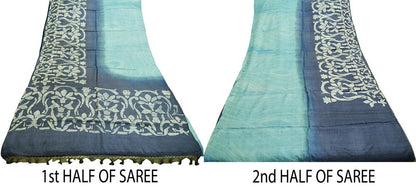 Indian Vintage Blue Saree Pure Khadi Silk Handloom Woven Indian Sari Fabric 5yard Ethnic Wear Fringes
